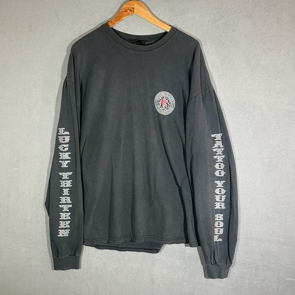 Vintage Lucky 13 Apparel Mens Size XL Black Long Sleeve Tattoo PinUp Shirt